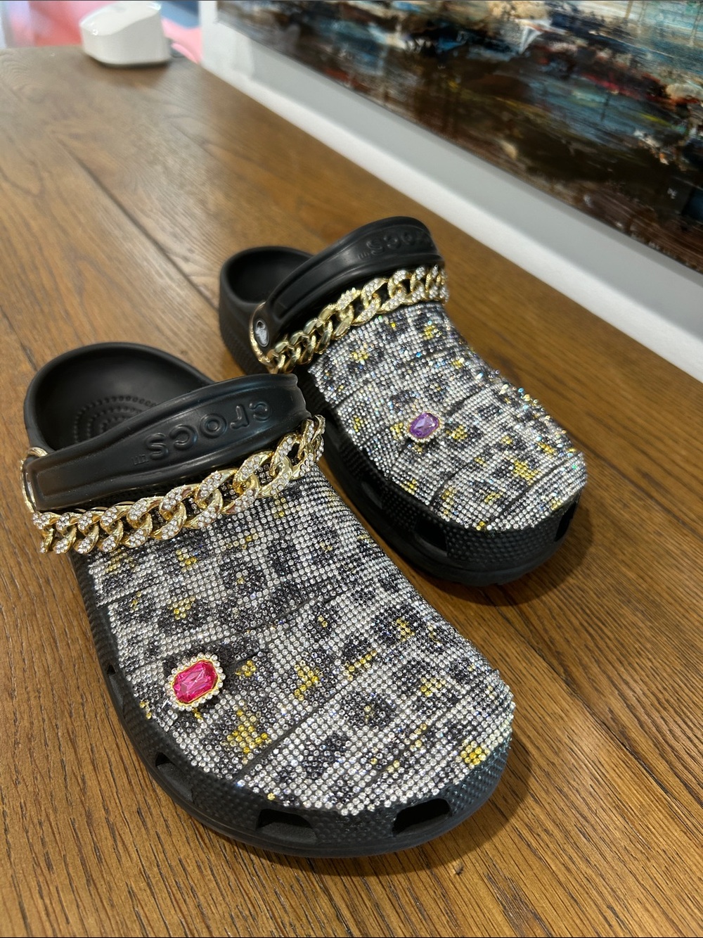 CROCS Etsy Bedazzled Crocs Leopard with Gold Chain -